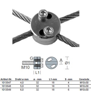 Edelstahl Seilkreuzklemme - 4,0 - 6,0mm Drahtseil - verstellbar mit Anschlussbolzen